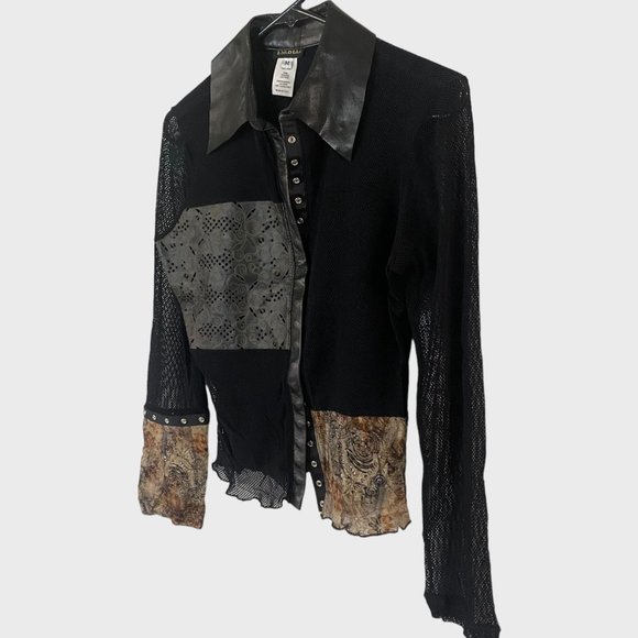 Isabel Leather & Mesh Button-Up Blouse Womens Medium Black Abstract Panel Top - Picture 2 of 14